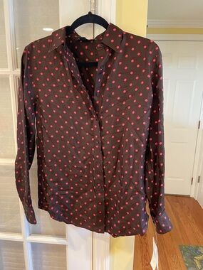 Jones New York Silk brown Button-Up Shirt with Pink Polka Dots